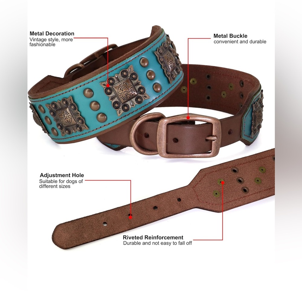 PET ARTIST 2 Inch Wide Sturdy Studded Genuine Leather Dog Collar,Hand Made! - Picture 2 of 4